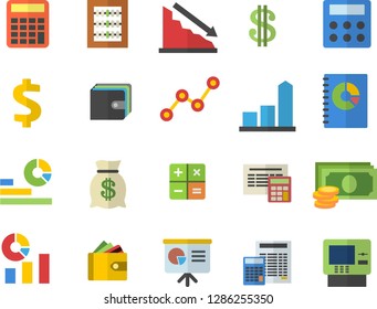 Color flat icon set calculator flat vector, crisis, chart, cash, dollar, purse, wealth, statistics, scatter, book balance accounting, abacus, presentaition board, dispenser fector