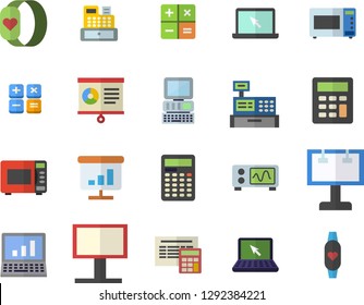Color flat icon set calculator flat vector, microwave, billboard, cash machine, chart, laptop, computer, oscilloscope, fitness bracelet