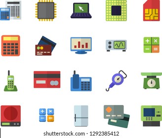 Color flat icon set calculator flat vector, weighing machine, spring balance, fridge, SIM card, credit, computer chart, telephone, laptop, cpu, oscilloscope, fector, cash dispenser