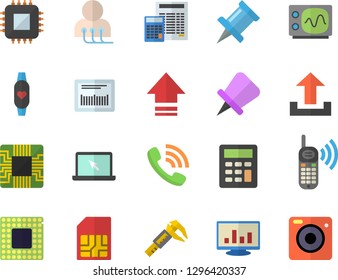 Color flat icon set calculator flat vector, trammel, motherboard, SIM card, phone call, barcode, diagnostics, computer chart, laptop, cpu, oscilloscope, fitness bracelet, upload, drawing pin, camera