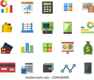 Color flat icon set calculator flat vector, credit card, purse, wealth, statistics, scatter chart, statistic, abacus, fector, cash dispenser, mobile