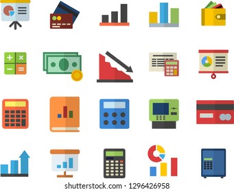 Color flat icon set calculator flat vector, crisis, cash, credit card, purse, statistics, book balance accounting, chart, statistic, presentaition board, achievement, fector, dispenser, safe