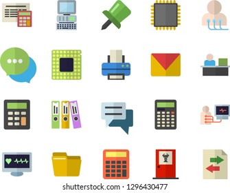 Color flat icon set calculator flat vector, chat, computer diagnostics of health, drawing pin, file, folder, office worker, printer, mail, cpu, doctor's fector, sharing