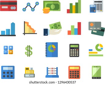 Color flat icon set calculator flat vector, crisis, chart, cash, credit card, dollar, investments, statistics, scatter, book balance accounting, machine, abacus, mobile