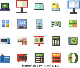 Color flat icon set calculator flat vector, microwave, billboard, cash machine, chart, telephone, laptop, computer, oscilloscope, fitness bracelet