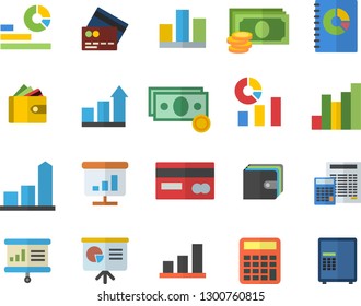 Color flat icon set calculator flat vector, chart, cash, credit card, purse, statistics, book balance accounting, statistic, presentaition board, achievement, fector, safe