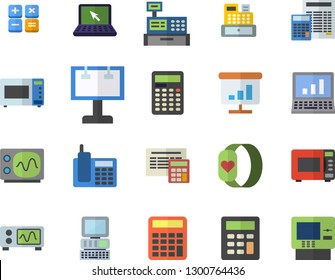 Color flat icon set calculator flat vector, microwave, billboard, cash machine, chart, telephone, laptop, computer, oscilloscope, fitness bracelet, dispenser fector