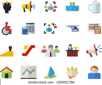 Color flat icon set calculator flat vector, team, mouthpiece, disabled, headache, helicopter, coffee, recruitment, point diagram, career ladder, brainstorm, escalator fector, pool, reception desk