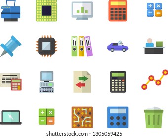 Color flat icon set calculator flat vector, autopilot, motherboard, scatter chart, computer, folder, office worker, copy machine, laptop, cpu, electronic circuit, file sharing, drawing pin