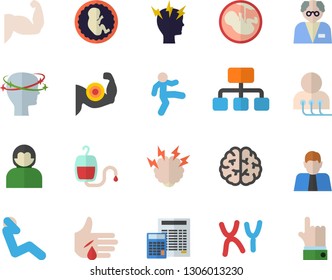 Color flat icon set calculator flat vector, hierarchy, person, blood transfusion, injury, headache, diagnostics, embryo, chromosomes, brainstorm, scientist, brain, muscles, gymnastics, swing press