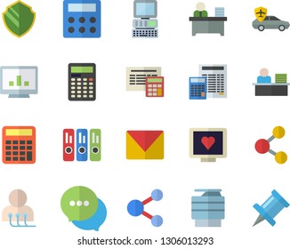 Color flat icon set calculator flat vector, autopilot, chat, computer diagnostics of health, chart, folder, office worker, copy machine, mail, security fector, share, drawing pin