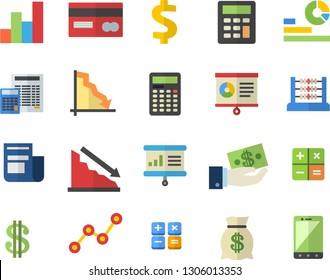 Color flat icon set calculator flat vector, crisis, credit card, dollar, investments, wealth, statistics, scatter chart, news, abacus, presentaition board, mobile