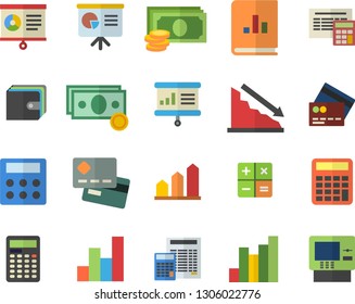 Color flat icon set calculator flat vector, crisis, chart, cash, credit card, purse, book balance accounting, presentaition board, achievement, fector, dispenser