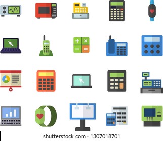 Color flat icon set calculator flat vector, microwave, billboard, cash machine, chart, telephone, laptop, computer, oscilloscope, fitness bracelet, dispenser fector