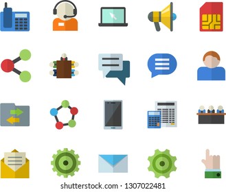 Color flat icon set calculator flat vector, cogwheel, SIM card, molecules, telephone operator, chat, meeting, laptop, mail, file sharing, mouthpiece, message, mobile, user, indicate