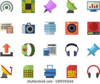 Color flat icon set calculator flat vector, weighing machine, satellite antenna, motherboard, SIM card, computer chart, copy, fitness bracelet, camera fector, broadcast, upload, drawing pin, headset