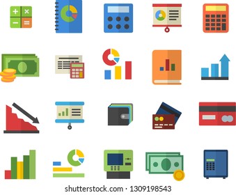 Color flat icon set calculator flat vector, crisis, chart, cash, credit card, purse, statistics, book balance accounting, presentaition board, achievement, vector, dispenser, safe
