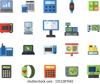 Color flat icon set calculator flat vector, microwave, billboard, cash machine, chart, telephone, laptop, computer, oscilloscope, fitness bracelet, dispenser fector