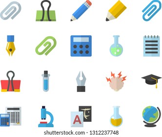 Color flat icon set calculator flat vector, microscope, medical analysis, clip, ink pen, pencil, flask, notepad, bachelor cap, brainstorm, beakers, translate, binder, globe