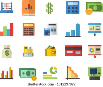 Color flat icon set calculator flat vector, crisis, chart, cash, credit card, dollar, purse, wealth, statistics, book balance accounting, machine, statistic, abacus, presentaition board