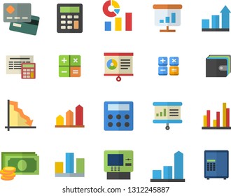 Color flat icon set calculator flat vector, crisis, chart, cash, credit card, purse, statistics, statistic, presentaition board, achievement, dispenser fector, safe
