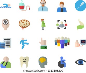 Color flat icon set calculator flat vector, person, team, blood transfusion, disabled, injury, diagnostics, gestation, sperm, tooth, stomach, recruitment, scientist, brain, fector, swimming, eye