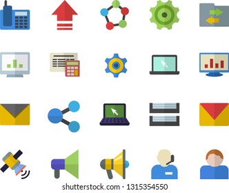 Color flat icon set calculator flat vector, cogwheel, molecules, computer chart, telephone, phone operator, paper tray, laptop, mail, satellit, upload, file sharing, mouthpiece, envelope, user