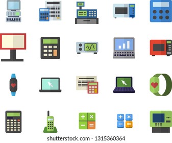 Color flat icon set calculator flat vector, microwave, billboard, cash machine, telephone, laptop, computer, oscilloscope, fitness bracelet, dispenser fector