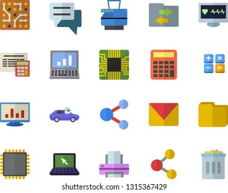Color flat icon set calculator flat vector, autopilot, motherboard, chat, computer diagnostics of health, chart, file, printer, copy machine, laptop, mail, cpu, electronic circuit, share, sharing