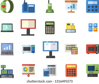 Color flat icon set calculator flat vector, microwave, billboard, cash machine, chart, telephone, laptop, computer, fitness bracelet, dispenser fector