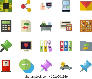 Color flat icon set calculator flat vector, autopilot, motherboard, chat, computer diagnostics of health, drawing pin, folder, office worker, mail, electronic circuit, doctor's fector, share