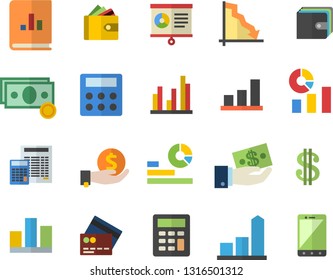 Color flat icon set calculator flat vector, crisis, chart, cash, dollar, investments, purse, statistics, book balance accounting, statistic, credit card fector, mobile