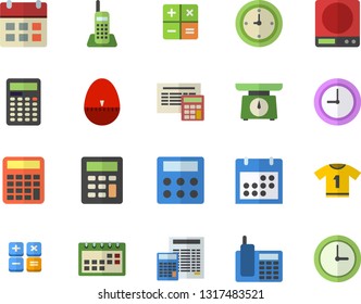 Color flat icon set calculator flat vector, weighing machine, kitchen egg timer, calendar, clock, telephone, sport T shirt
