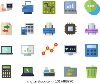 Color flat icon set calculator flat vector, motherboard, scatter chart, chat, computer diagnostics of health, office worker, printer, copy machine, laptop, electronic circuit, file sharing