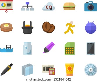 Color flat icon set calculator flat vector, hamburger, coffee beans, pancakes, carbon dioxide, SIM card, glass bottles, metallurgy, marker, chart, sticker, pen, classification, fitball, run, pool