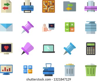 Color flat icon set calculator flat vector, computer diagnostics of health, drawing pin, chart, printer, copy machine, laptop, mail, electronic circuit, file sharing, trash can