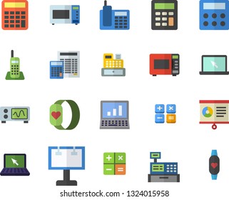 Color flat icon set calculator flat vector, microwave, billboard, cash machine, chart, telephone, laptop, computer, oscilloscope, fitness bracelet