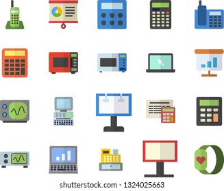 Color flat icon set calculator flat vector, microwave, billboard, cash machine, chart, telephone, laptop, computer, oscilloscope, fitness bracelet