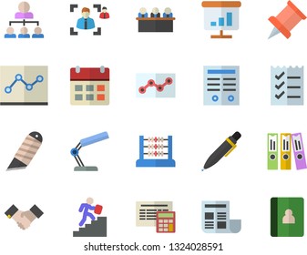 Color flat icon set calculator flat vector, stationery knife, chart, document, abacus, recruitment, reading lamp, folder, point diagram, to do list, meeting, hierarchy, agreement, contract, pen