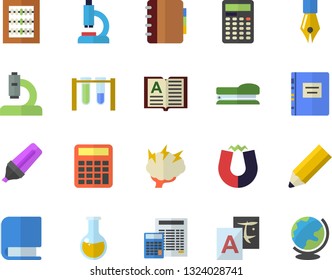 Color flat icon set calculator flat vector, marker, microscope, medical analysis, abacus, ink pen, book, stapler, pencil, textbook, magnet, brainstorm, beakers, translate, notebook, globe