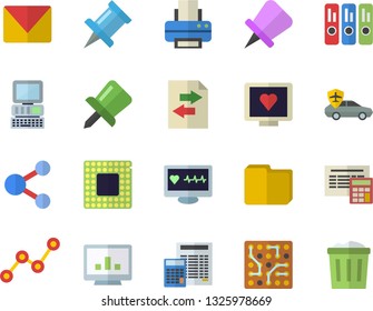 Color flat icon set calculator flat vector, autopilot, scatter chart, computer diagnostics of health, drawing pin, file, folder, printer, mail, cpu, electronic circuit, share, sharing, trash can