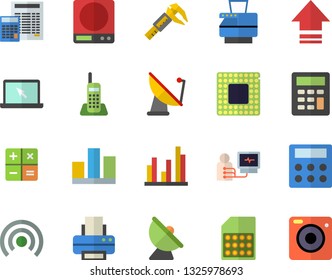 Color flat icon set calculator flat vector, weighing machine, trammel, satellite antenna, SIM card, diagnostics, statistic, telephone, printer, copy, laptop, cpu, broadcast, upload, camera