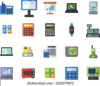Color flat icon set calculator flat vector, microwave, billboard, cash machine, chart, telephone, laptop, computer, oscilloscope, fitness bracelet, dispenser fector