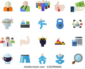 Color flat icon set calculator flat vector, person, investments, team, massage, injury, headache, recruitment, office worker, astronaut helmet fector, weight, muscles, athletic shorts, yoga