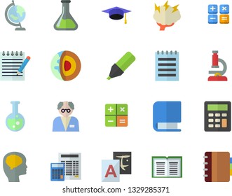 Color flat icon set calculator flat vector, chemistry, marker, book, flask, microscope, notepad, globe, bachelor cap, brainstorm, scientist, brain fector, core of the earth, translate, notebook
