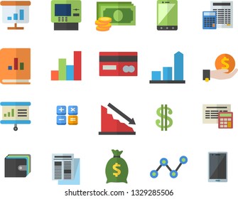 Color flat icon set calculator flat vector, crisis, chart, cash, credit card, dollar, investments, purse, wealth, scatter, news, book balance accounting, presentaition board, dispenser fector