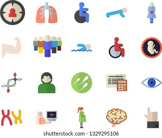 Color flat icon set calculator flat vector, target audience, team, disabled, eye, diagnostics, embryo, gestation, chromosomes, sperm, lungs, dna, brain, muscles, swimming, push up, user, indicate