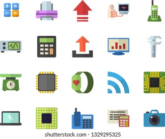 Color flat icon set calculator flat vector, weighing machine, motherboard, trammel, diagnostics, computer chart, telephone, printer, laptop, cpu, oscilloscope, fitness bracelet, broadcast, upload