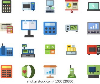 Color flat icon set calculator flat vector, microwave, billboard, cash machine, chart, telephone, laptop, computer, oscilloscope, fitness bracelet, dispenser fector