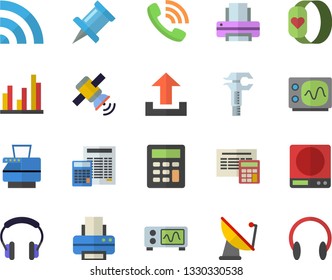 Color flat icon set calculator flat vector, weighing machine, satellite antenna, trammel, phone call, statistic, printer, copy, satellit, oscilloscope, fitness bracelet, broadcast, upload, headset